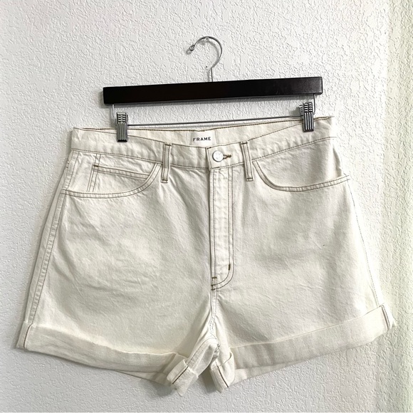 FRAME DENIM Womens Shorts High-Rise Ecru Cuffed Hem Ivory Cotton Size 32 - Picture 2 of 12